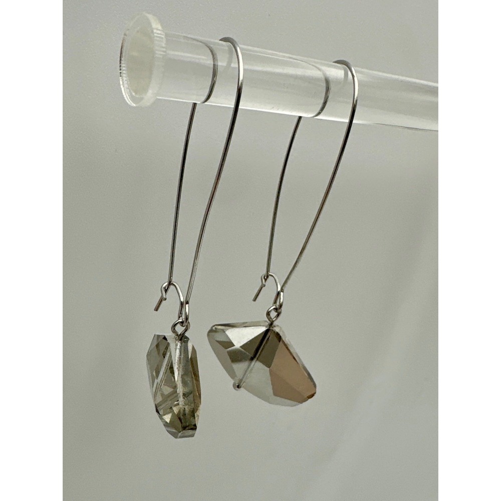 Smoky Gray Faceted Crystal Kidney Wire Drop Earrings Silver Tone Dangle